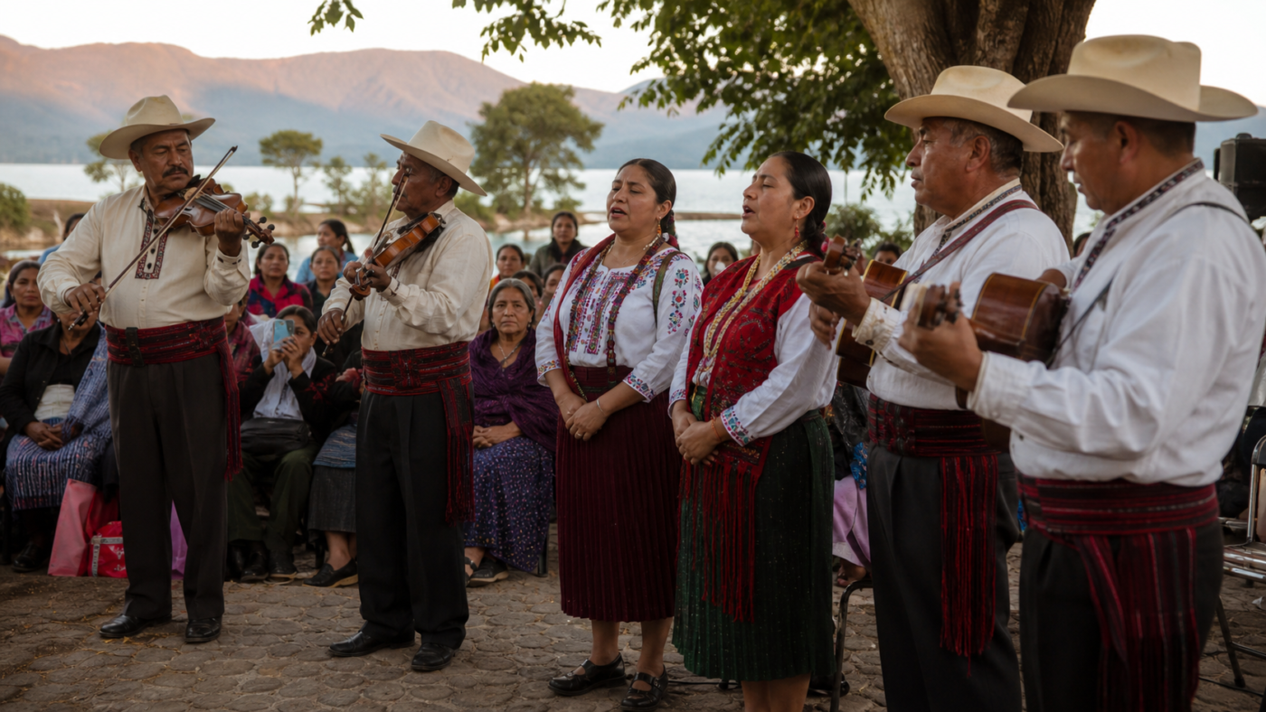 Cantantes y músicos purépechas interpretan pirekua frente a una comunidad reunida junto al lago de Pátzcuaro