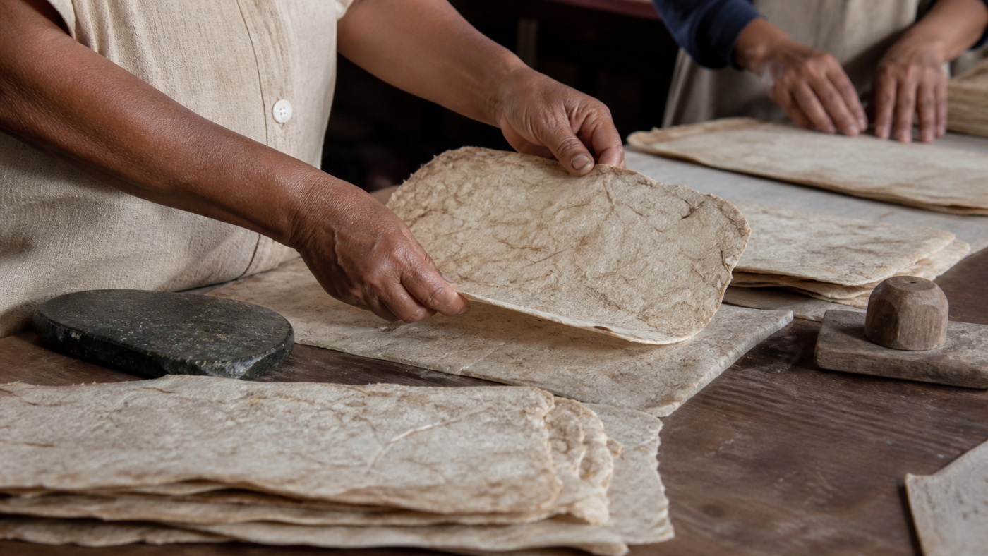 Hojas de papel amate con fibras visibles y diseños vegetales sobre una mesa de taller mexicano