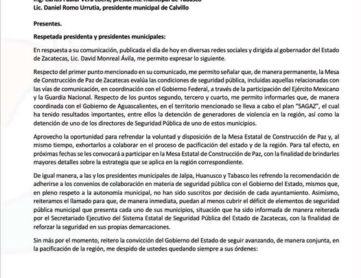 Carta del secretario general de Gobierno de Zacatecas dirigida a presidentes municipales sobre coordinación y seguridad pública