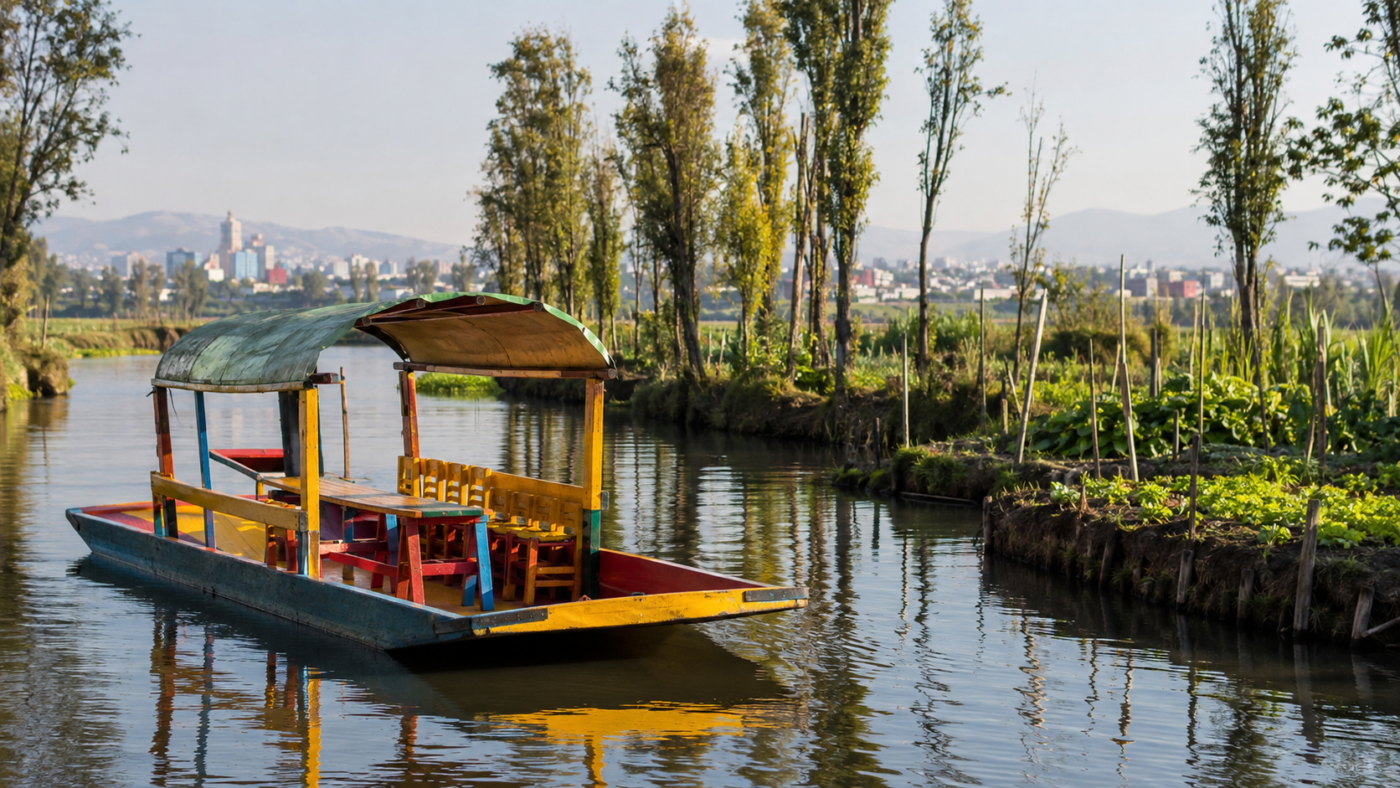 Trajinera colorida navegando un canal de Xochimilco en la Ciudad de México, junto a chinampas verdes y jardines.